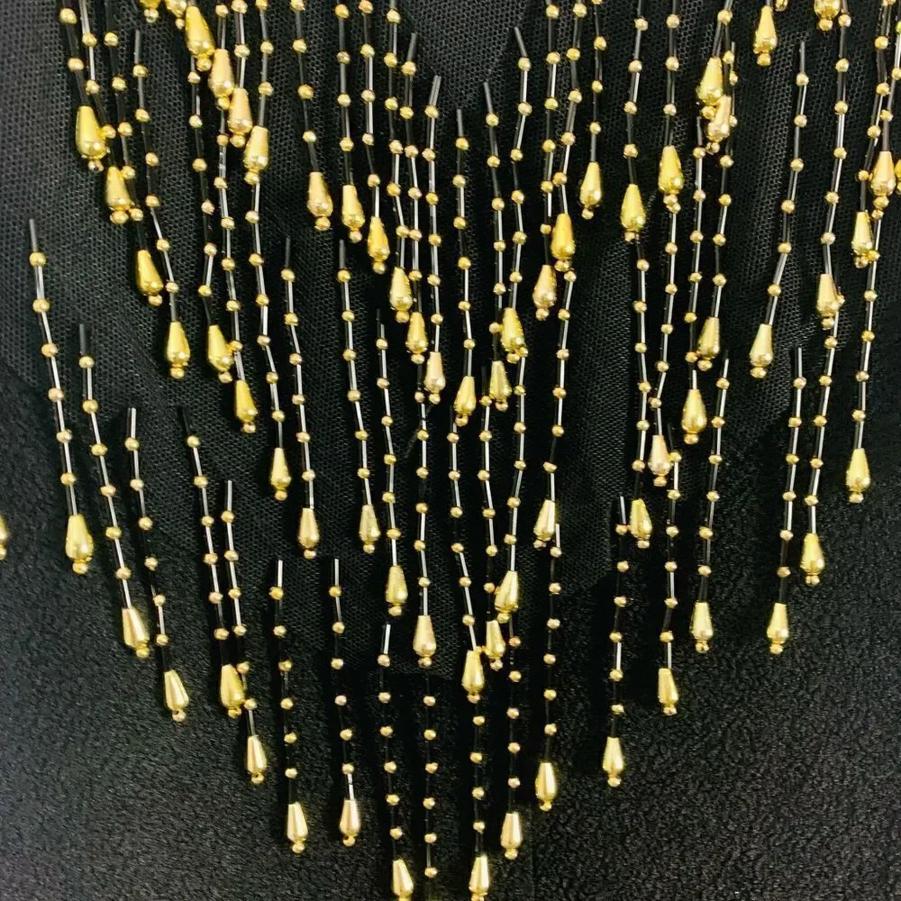 Vintage Black Christmas New Years Festive Dress w/ Gold Sheer Beaded Overlay - Picture 7 of 14